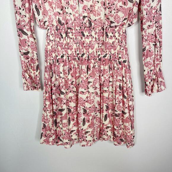 Evereve Roan + Ryan XSmall XS Pink Cream Floral Genevieve Smocked Waist Dress - Picture 4 of 13